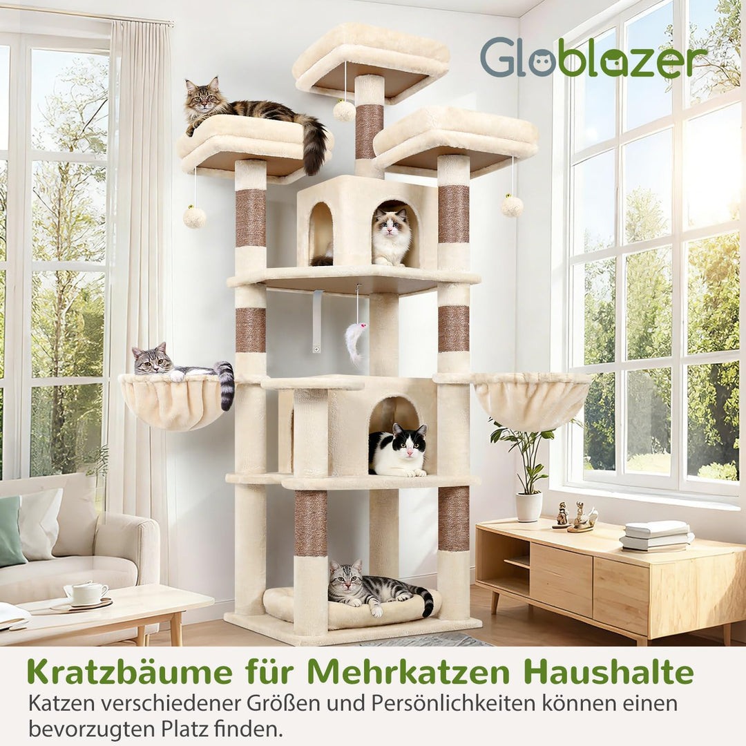 Globlazer Beige Kratzbaum Stabil 174 cm mit 3 Gepolsterte Sitzstangen, 2 Katzenhaus, 2 Korb, Abnehmb