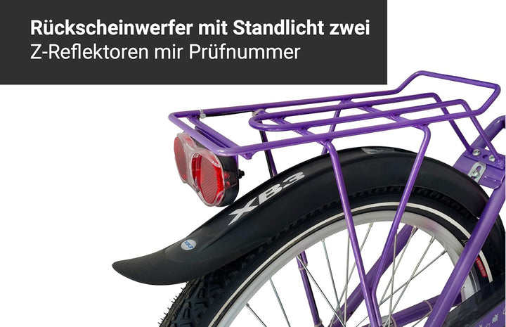 XB3 Kinderfahrrad 20 Zoll Mädchen mit Gangschaltung 6 Gänge StVZO Nabendynamo LED-Licht Standlicht V