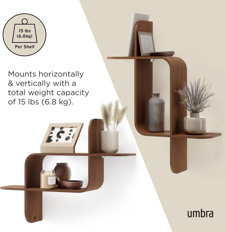 Umbra Montage Wandregal, Schweberegal aus Bugholz, Kautschukholz, Walnuss Antik, 62x15x47 cm Helle W