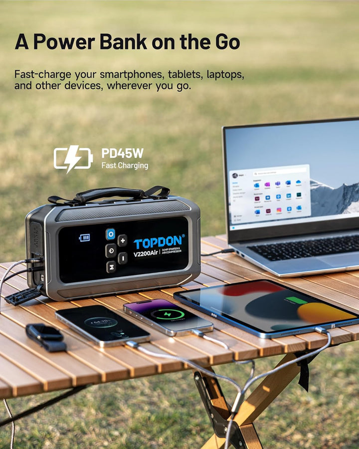 TOPDON V2200Air Starthilfe Powerbank für PKW mit 150PSI Luftkompressor, 8L Benzin&6L Dieselmotoren,
