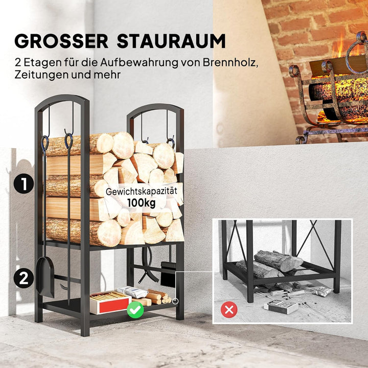 Outsunny Kaminholzständer Brennholzregal Feuerholzablage 2 Schichte Kaminwerkzeug Schwarz 40x30x74,5