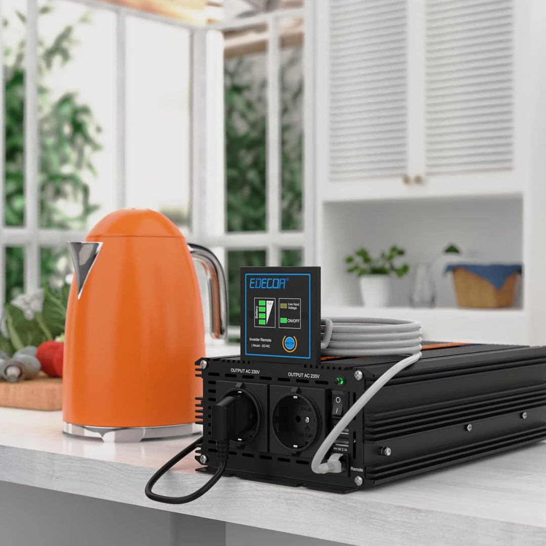 EDECOA Wechselrichter 12v auf 230v Reiner Sinus 1500w Wohnwagen Spannungswandler 2X USB und Fernbedi