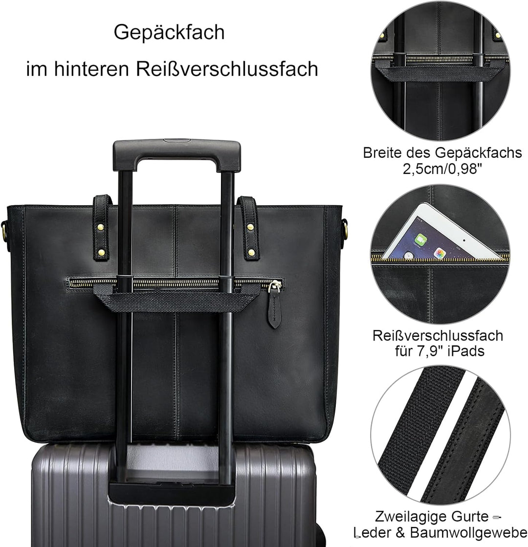 S-ZONE Damen Umhängetasche Echtleder Schultertasche Grosse Handtasche Arbeitstasche Schwarz-l, Schwa