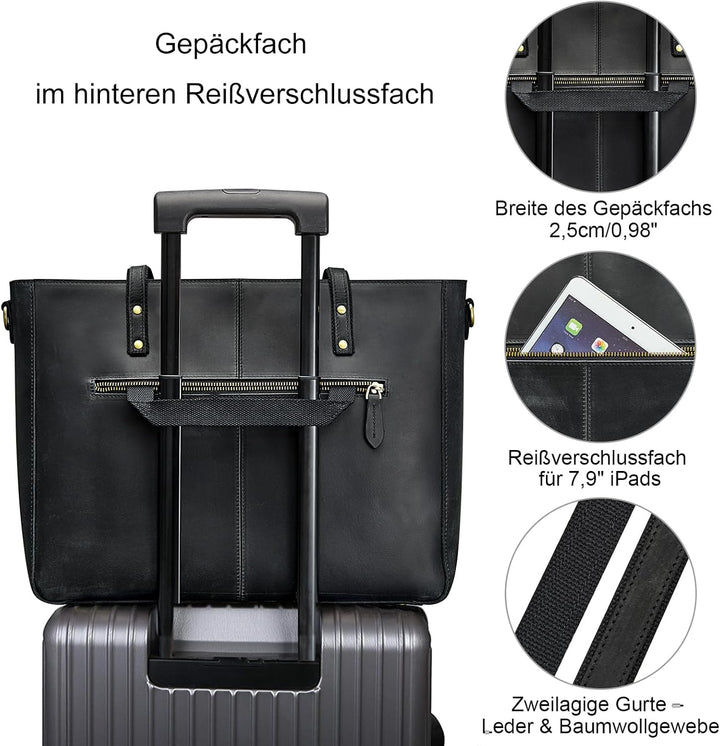 S-ZONE Damen Umhängetasche Echtleder Schultertasche Grosse Handtasche Arbeitstasche Schwarz-l, Schwa