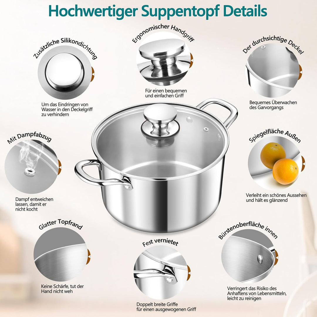 TEAMFAR Kochtopf, 20cm Topf Induktion aus 3-Lagen Edeastahl, 3,3L Nudeltopf Fleischtopf mit Glasdeck