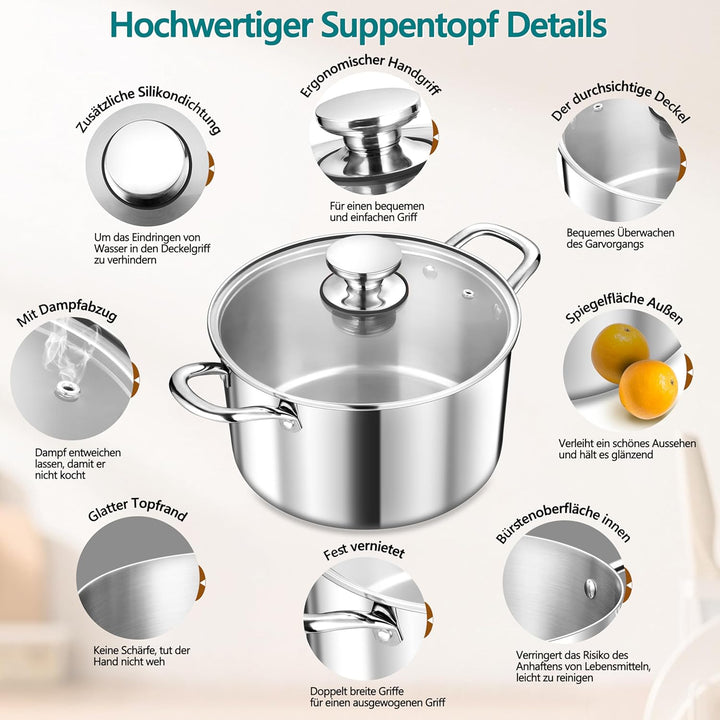TEAMFAR Kochtopf, 20cm Topf Induktion aus 3-Lagen Edeastahl, 3,3L Nudeltopf Fleischtopf mit Glasdeck