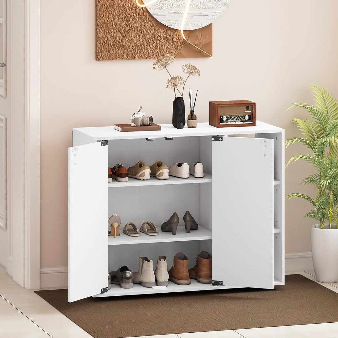 COSTWAY Schuhschrank, Schuhregal mit 2 Türen, verstellbaren offenen Regalen, Schuhkommode, Schuhaufb