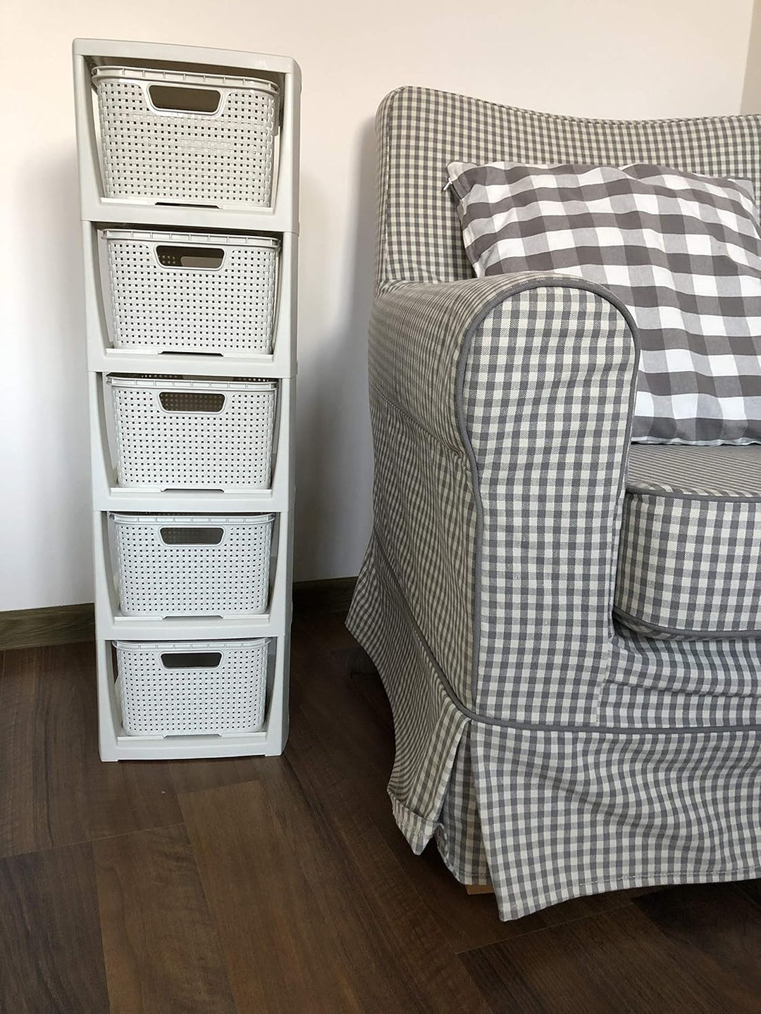 BranQ - Home essential Regal in Rattan Design, Creme, 5 Körben 5 Körben Creme, 5 Körben Creme
