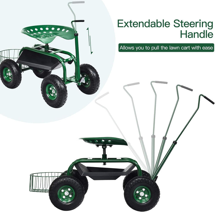RELAX4LIFE Rollsitz mit Ablage Korb, Gartensitz mit Ausziehbarem Griff 4 Rädern, Gartenrollsitz Fahr