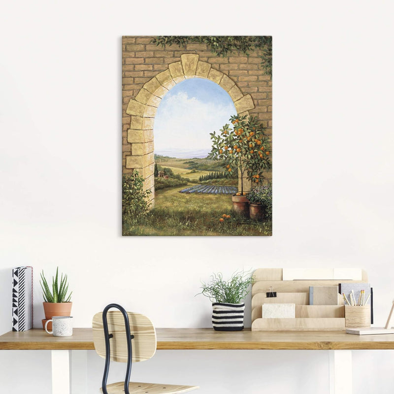 Artland Leinwandbild Wandbild Bild auf Leinwand 60x80 cm Wanddeko Fensterblick Toskana Landschaft It