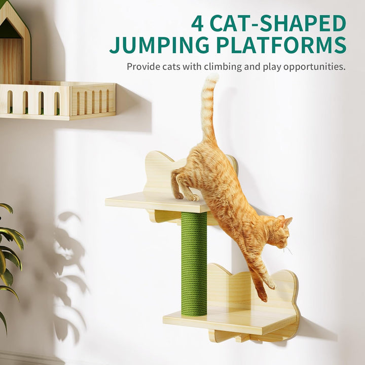 YITAHOME Katzenkletterwand-Set, Stabiler Holz Katzenmöbel, 5-Teilig Katzen Wandelemente mit Katzenha