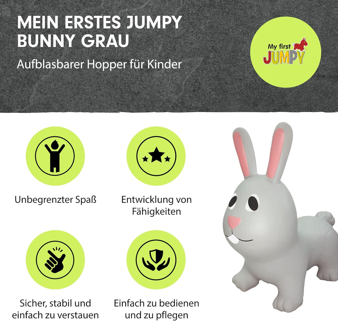 GERARDO'S Toys Jumpy Hüpftier Hase Grau ca. 58 cm - Hüpftiere ab 1 Jahr - Aufblasbare Tiere für drin