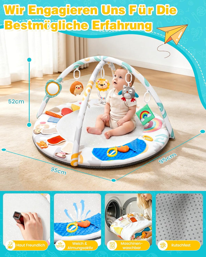 Spielbogen Baby mit 5 Greiflingen | Krabbeldecke für baby ab Geburt | Montessori Spielmatte Grauweis