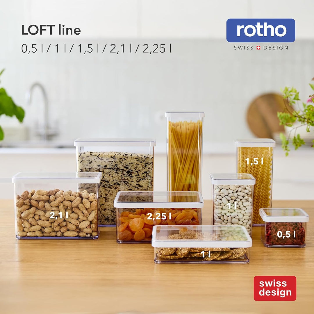 Rotho LOFT 19-Set Vorratsdosen mit Deckel, stapelbar, aromadicht, spülmaschinenfest (Transparent/Wei