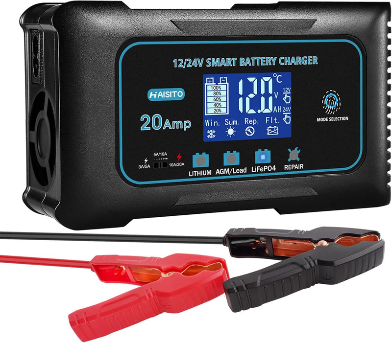 20AmpLithiumBatteryCharger，12Vand24VLifepo4，Lead-Acid(AGM/Gel/SLA。。) PortableCarBatteryCharger，Batte