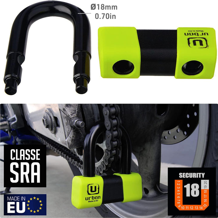 URBAN U75+10.120L Vorhängeschloss, Mini U 18 mm, hohe Sicherheit, zugelassen von Sra und Kette 10 mm