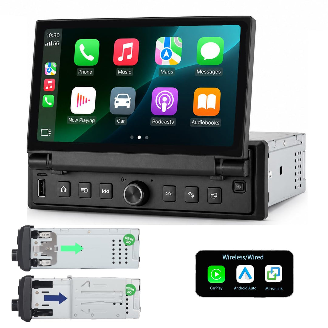 1 DIN Autoradio mit 6,8 Zoll ausfahrbarem Touchscreen, Linux System, Wireless CarPlay Android Auto,