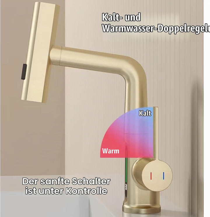 Wasserhahn Bad/Küche mit Ausziehbar Brause, LED Temperaturanzeige Waschtischarmatur Badezimmer mit 3