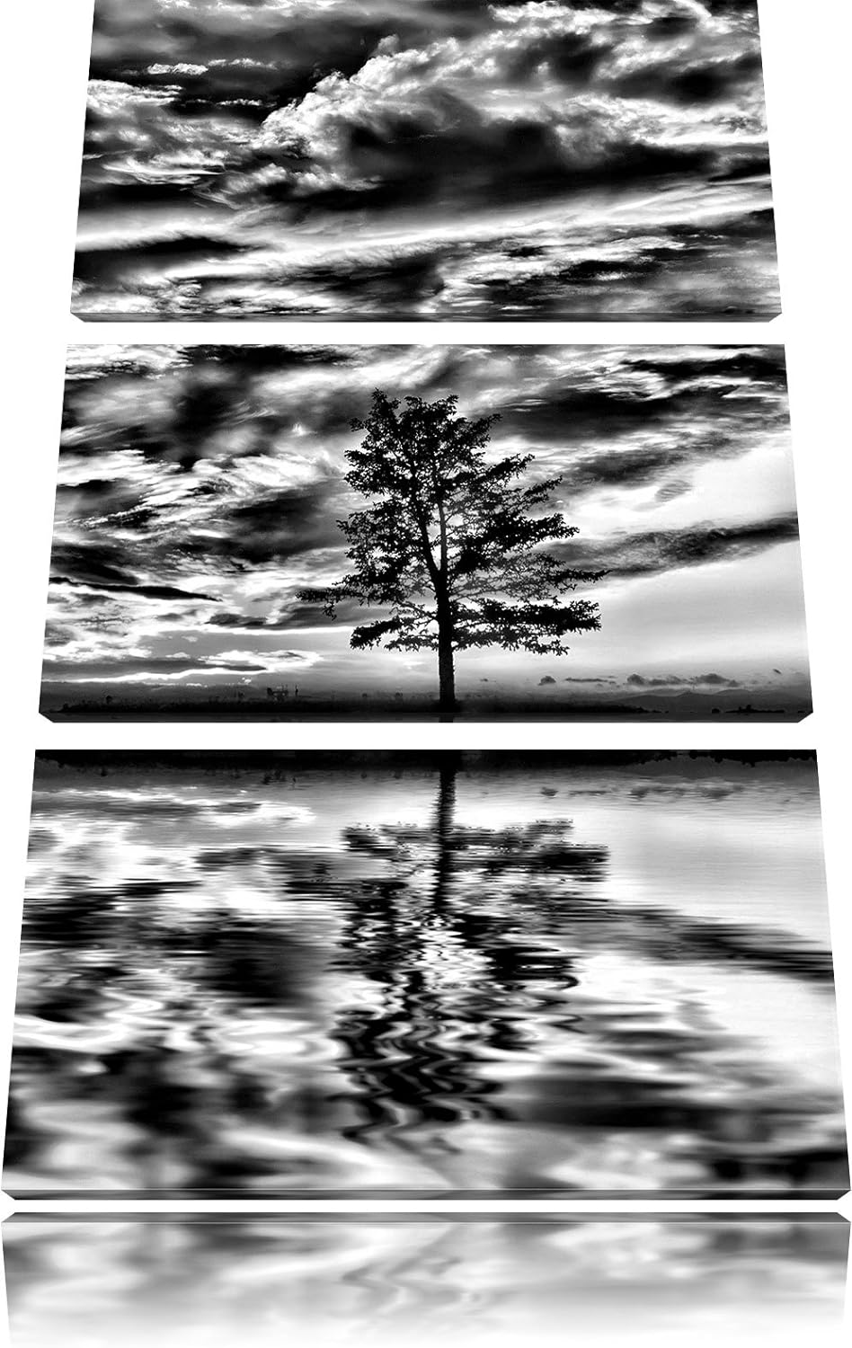 Pixxprint Monocrome, Insel im Meer Baum Sonnenaufgang Steine 3-Teiler Leinwandbild 120x80 Bild auf L