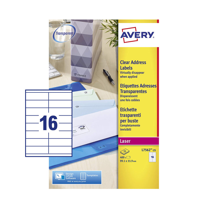 Avery L7562-25 Adressetiketten 16 pro Blatt 99,1 x 33,9 mm 400 Stück transparent