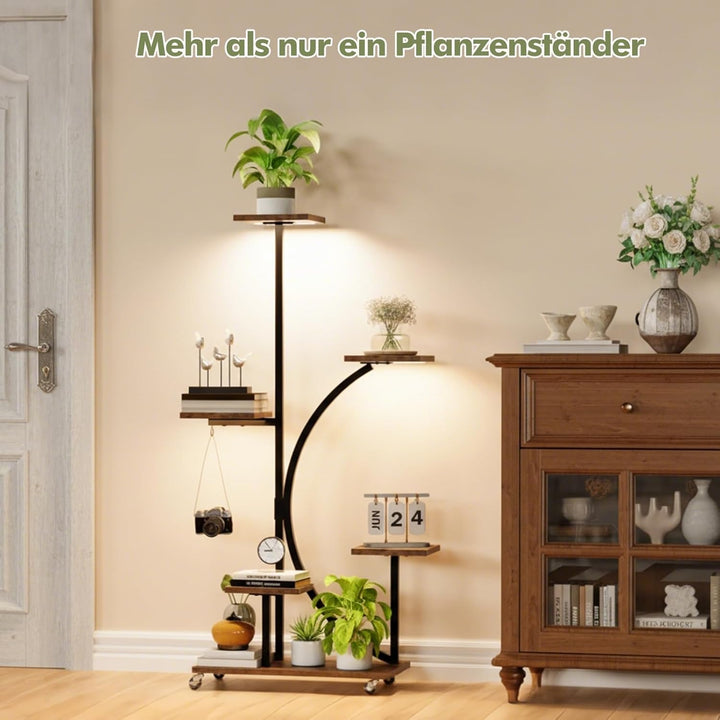 Pflanzenständer mit Wachstumslicht, Blumenständer 6 Stöckiges 125cm, Pflanzenregal Metall Holz mit F