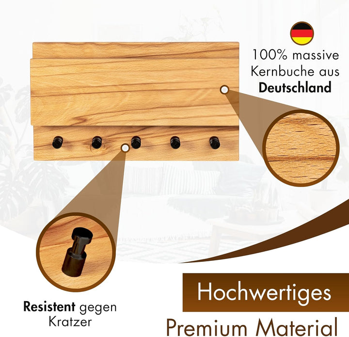 Schlüsselbrett Holz mit Ablage - massive Kernbuche, hochwertige schwarze Edelstahlhaken, Schlüsselbo