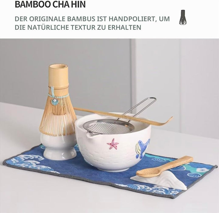 Japanisches Matcha-Tee-Set, 7-teilig, Keramik-Matchaschale mit Wal-Motiv, Bambus-Besen, Whisk-Halter