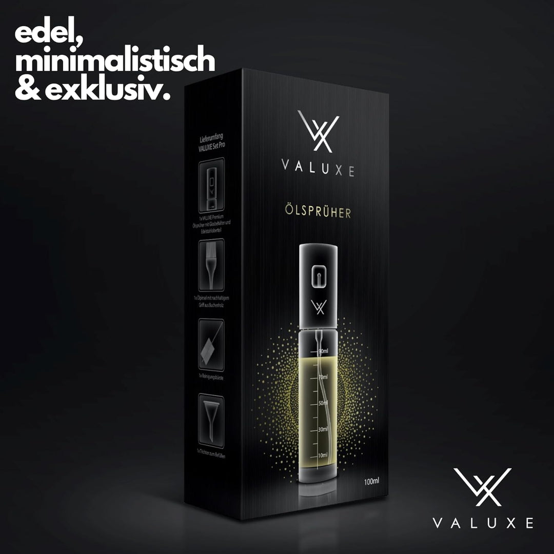 VALUXE® Premium Ölsprüher Gold – Das ORIGINAL - Extrem präzise Öl-Sprühflasche aus Edelstahl und Gla