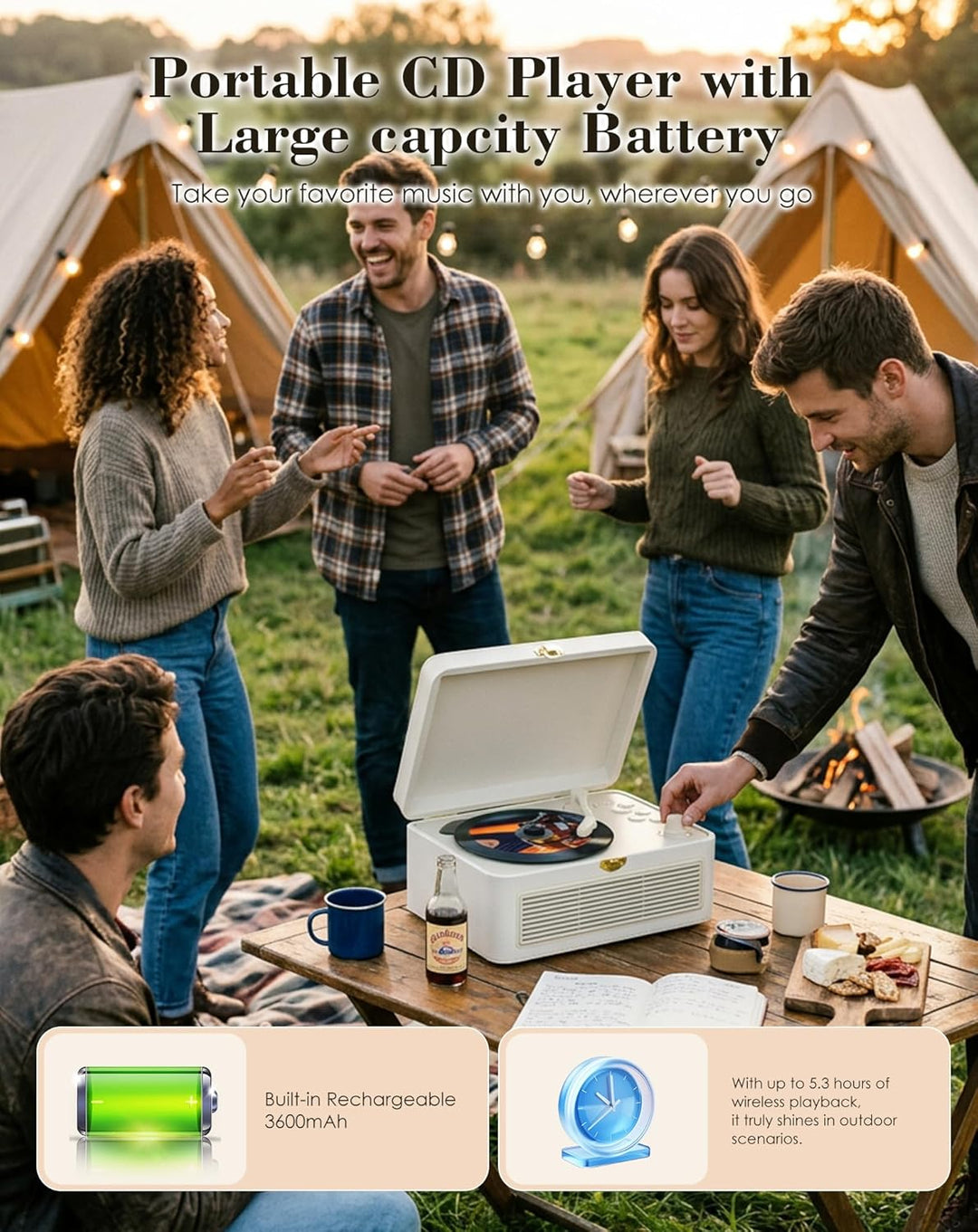 Tragbar CD Player Bluetooth Retro Radio mit CD-Player mit Lautsprecher Unterstützung USB & AUX-Wiede