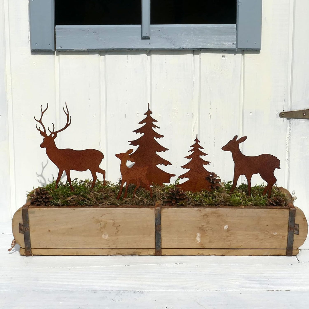 Gartenstecker Deko Rehe und Hirsche mit 2 Tannen in Rostpotik 5er Set - Weihnachtsdeko zum Basteln -