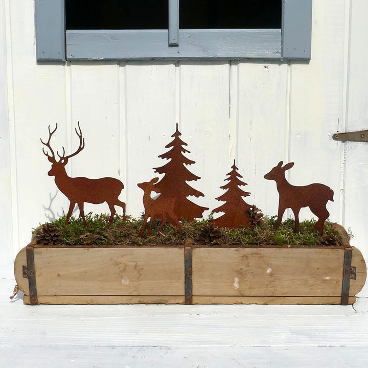 Gartenstecker Deko Rehe und Hirsche mit 2 Tannen in Rostpotik 5er Set - Weihnachtsdeko zum Basteln -