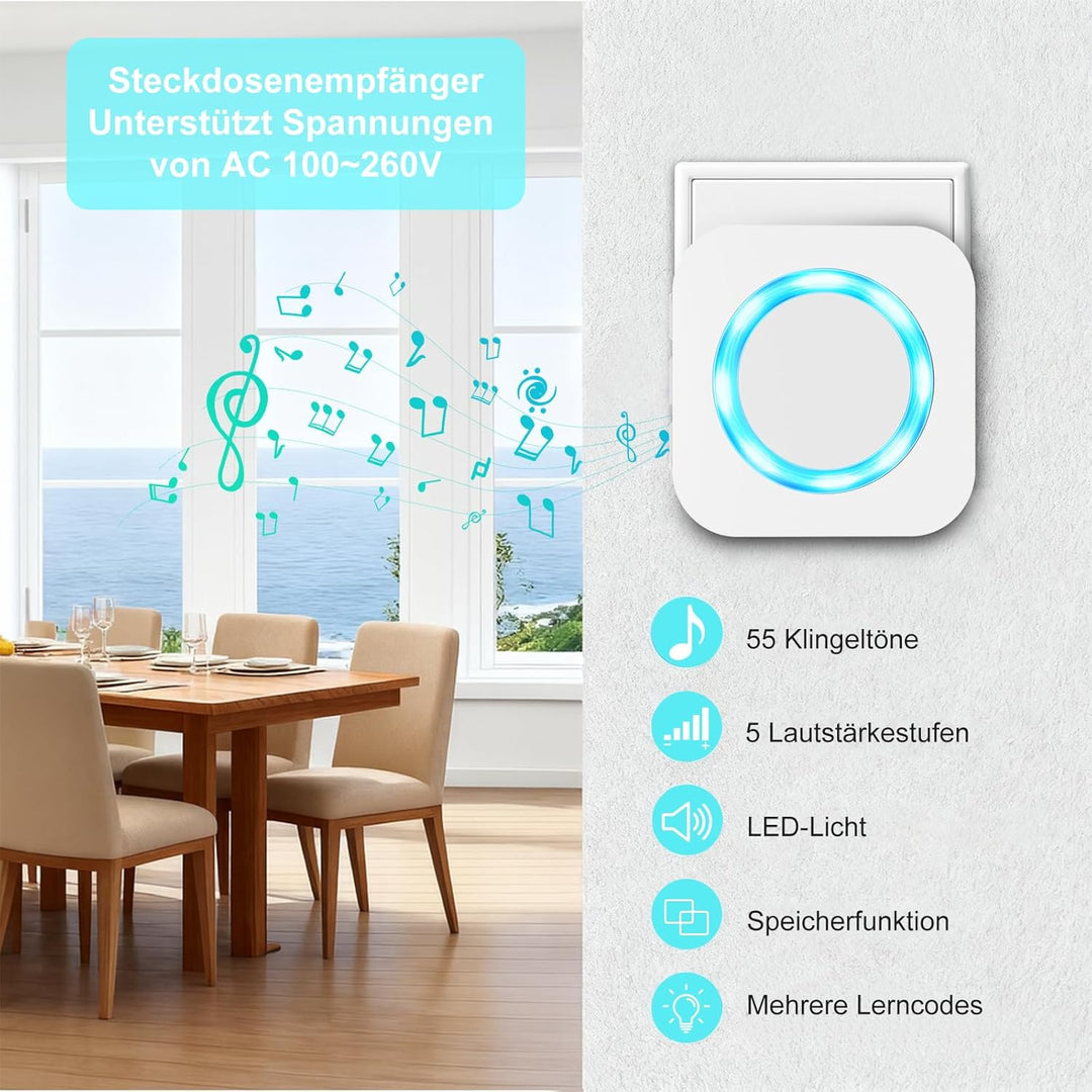 AIMAX Funkklingel mit 2 Sender und 1 Empfänger,klingel Haustür kit,400m Hohe Reichweite, IP55 Wasser