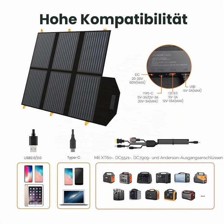 Solarpanel 60W,Solar Ladegeräte Tragbare QC3.0 USB-A PD3.0 USB-C Ausgang faltbar IP65 wasserdicht St