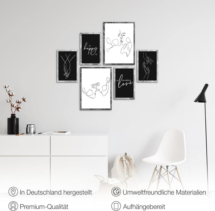 Novart Bilder Set - AUFHÄNGFERTIG - KEIN EXTRA RAHMEN BENÖTIGT - Be Happy Abstrakt Modern Schwarz We