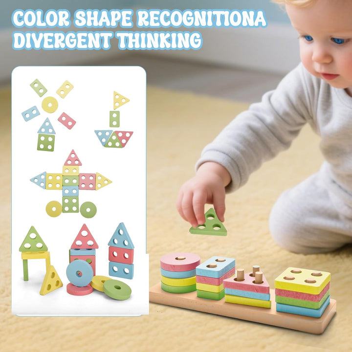 Montessori Spielzeug ab 1 2 3 Jahr, für Kinder 18 bis 36 Monate 3 in 1 Holzspielzeug Sortier & Stape