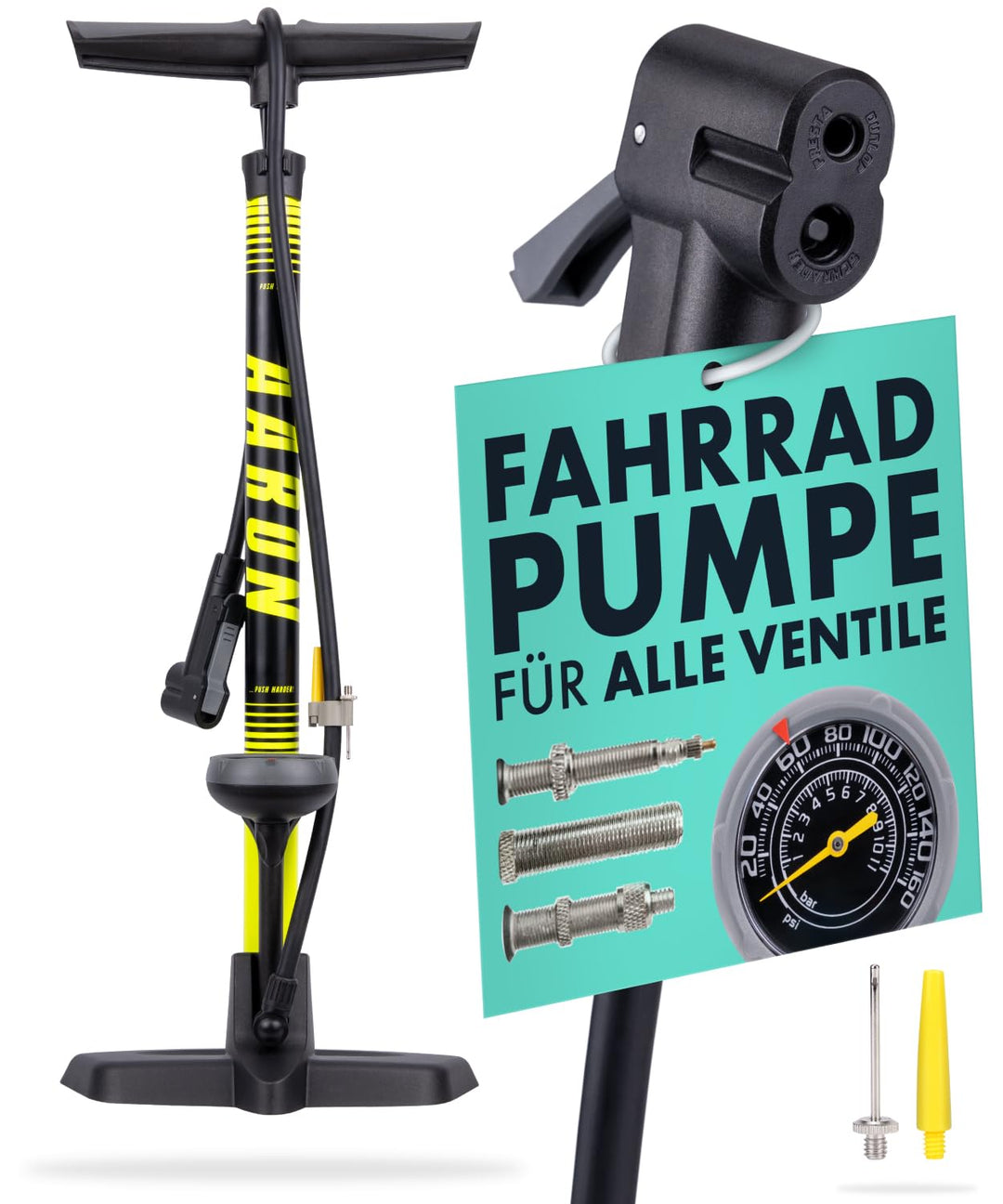 AARON Sport One Fahrrad Standpumpe mit Manometer für alle Ventile | Hochdruck Fahrradpumpe inkl. Bal