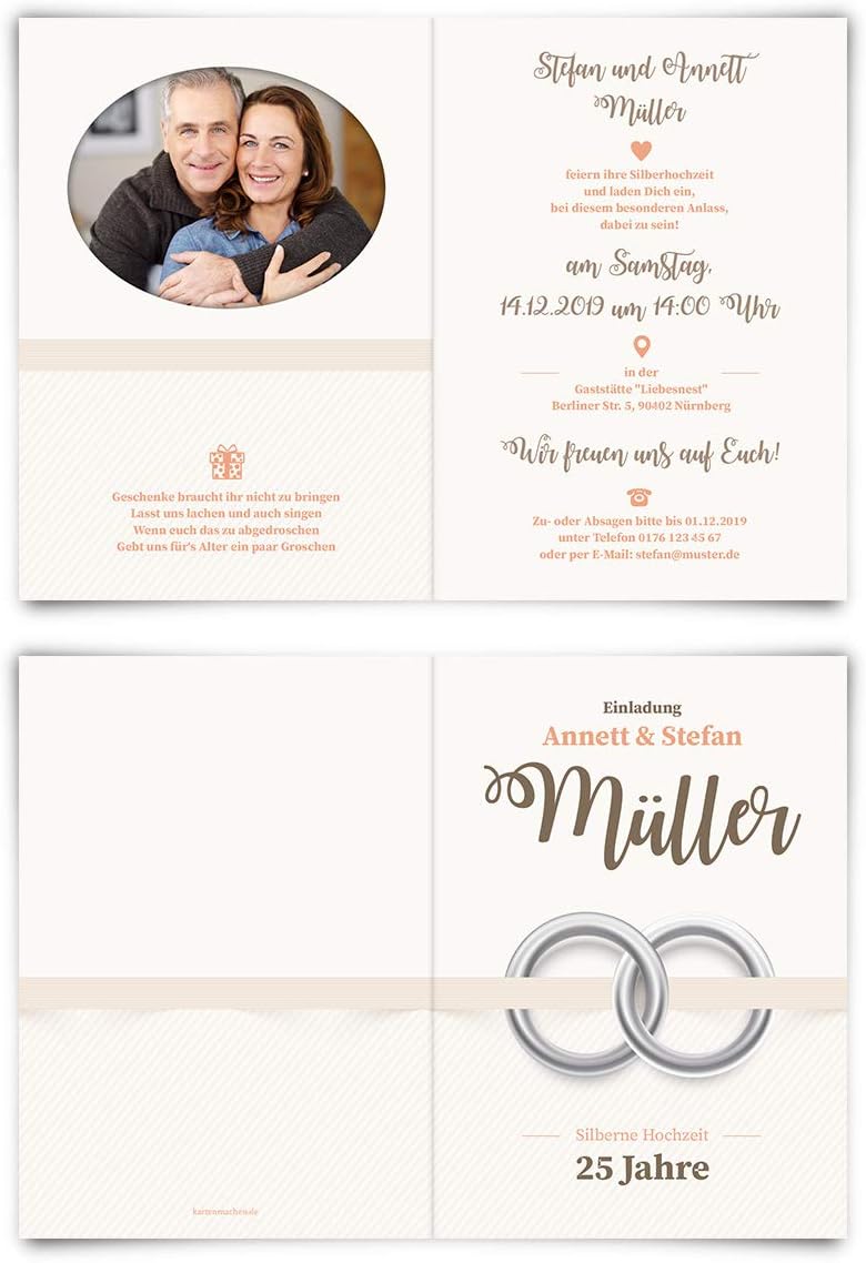 Kartenmachen.de 10 x Silberne Hochzeit Hochzeitseinladungen Silberhochzeit individuell Einladungskar