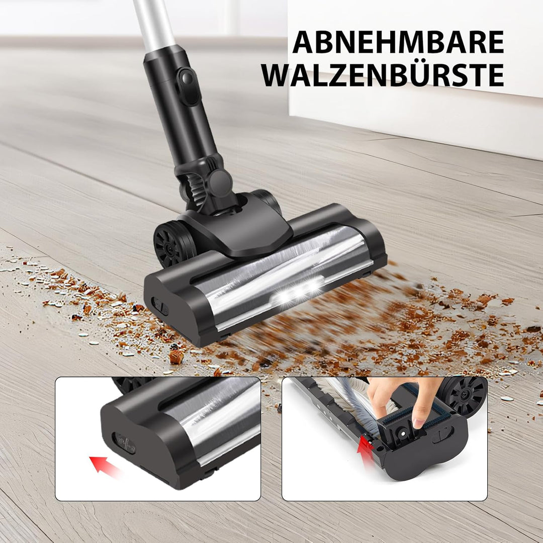 Akku Staubsauger 500W 45000Pa 45Min Akkustaubsauger Kabellos mit Licht, Anti-Tangle-Bürste, Superlei