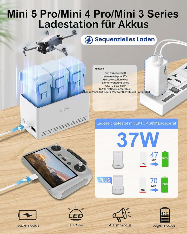 LKTOP - Mini 5Pro/4 Pro/3 37 W USB-C Schnelllade-Hub für DJI Mini 5/4/3/Plus Serie, Zubehör für Skyr