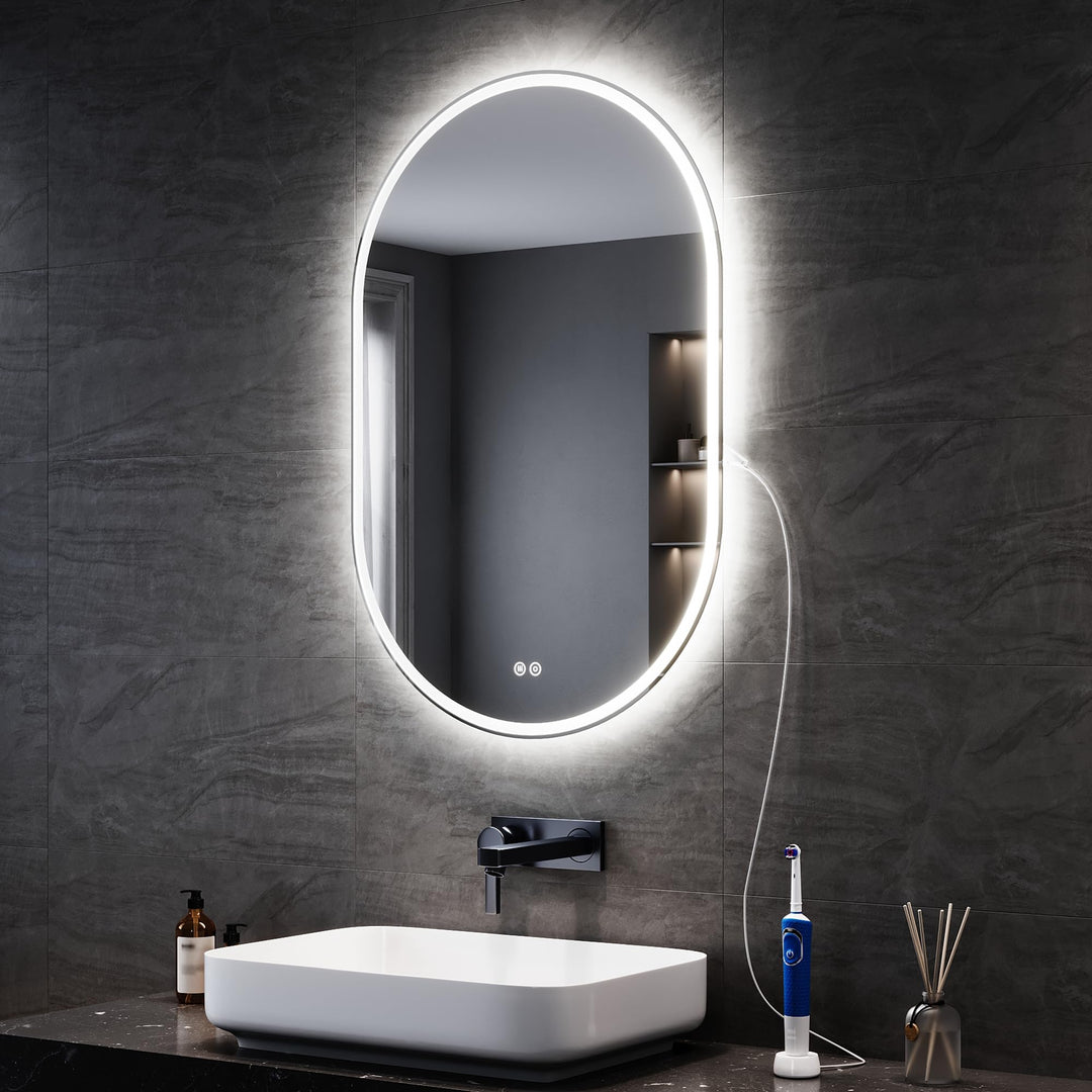 SONNI LED Badspiegel mit Steckdose 90x60 cm, Oval Badezimmerspiegel mit Beleuchtung, Touch-Bedienung