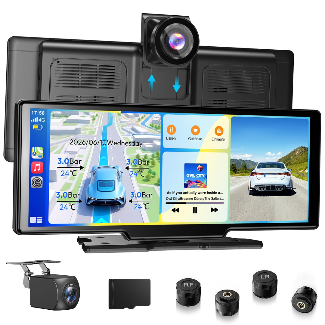 ESSGOO 10.26 Zoll Kabelloses CarPlay Display mit 4K Dashcam,1080P Rückfahrkamera &amp; 4 Reifendruckkont