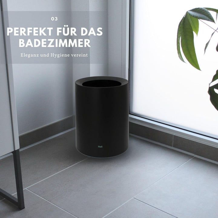 Nell 8L Mülleimer Bad Schwarz Matt – Eleganter Kosmetikeimer und WC Mülleimer, Vielseitiger Büro- un