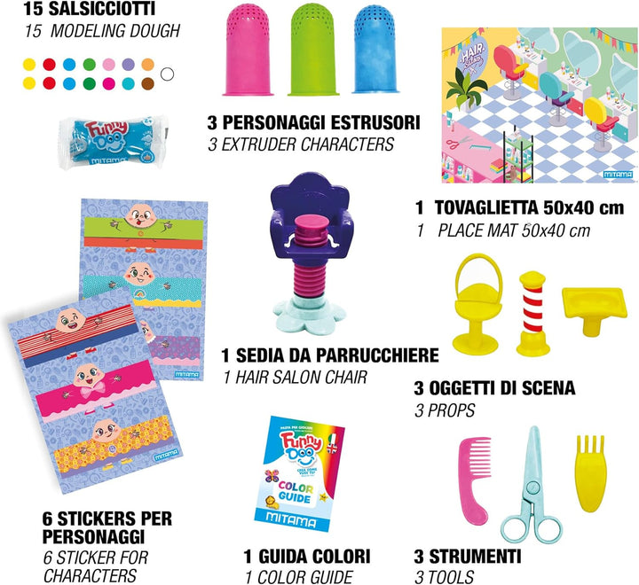 Mitama Funny Doo – Friseur-Spielset mit 15 Dosen Knete, Knetwerkzeug, Zubehör und Aufklebern, kreati