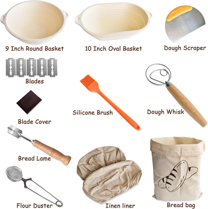 Sauerteig Starter Set, 9-teilig Brotgärkorb Set aus Silikon Gärkörbchen 23cm Rund und 25cm Oval Gärk