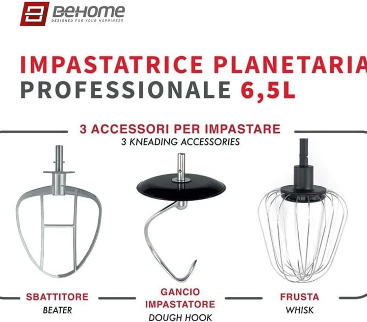 Behome Professionelle Planetenknetmaschine 6,5L rot | 10 Geschwindigkeiten, 2 Schneebesen und 1 Knet
