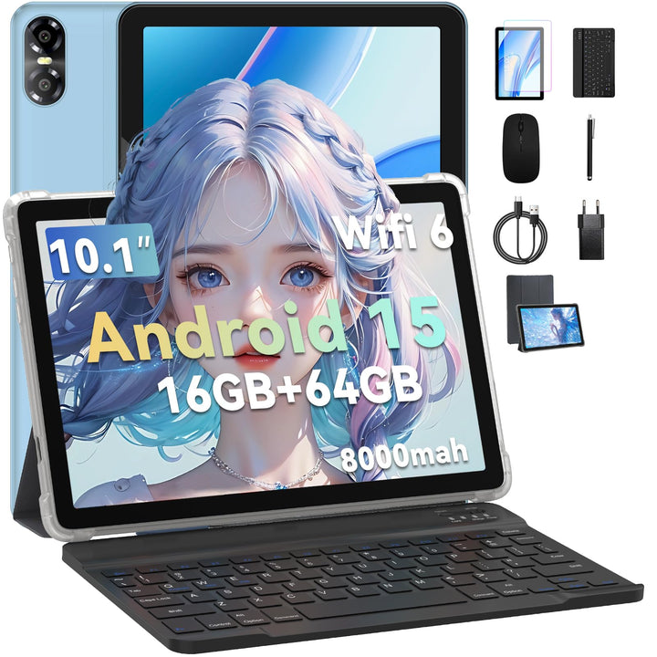 PRITOM 10-Zoll-Tablet mit Tastatur und Stift, 16 GB, 64 GB ROM, Android 15, 1024 GB erweiterbar, Qua