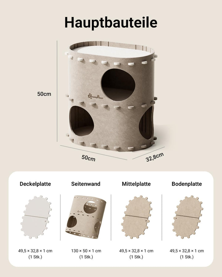 DownyPaws Katzenhöhle aus Filz, 2-stöckige Katzenbett, 50 x 33 x 50 cm Schloss Katzenhaus zum Spiele