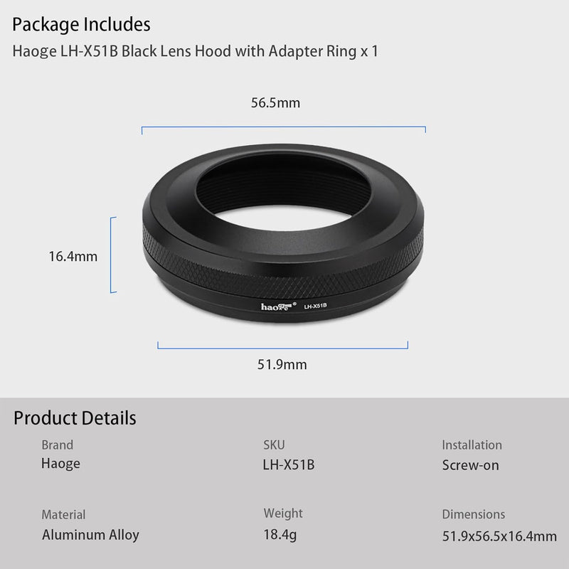 Haoge LH-X51B 2in1 Ultradünne Metall Gegenlichtblende Sonnenblende mit 49mm Adapterring für Fujifilm