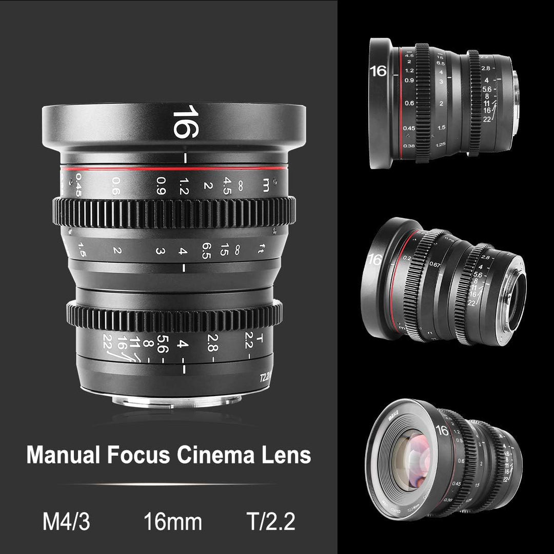 Meike MK 16 mm T2.2 grosse Blende manueller Fokus Prime Low Distortion Mini Cine Objektiv kompatibel