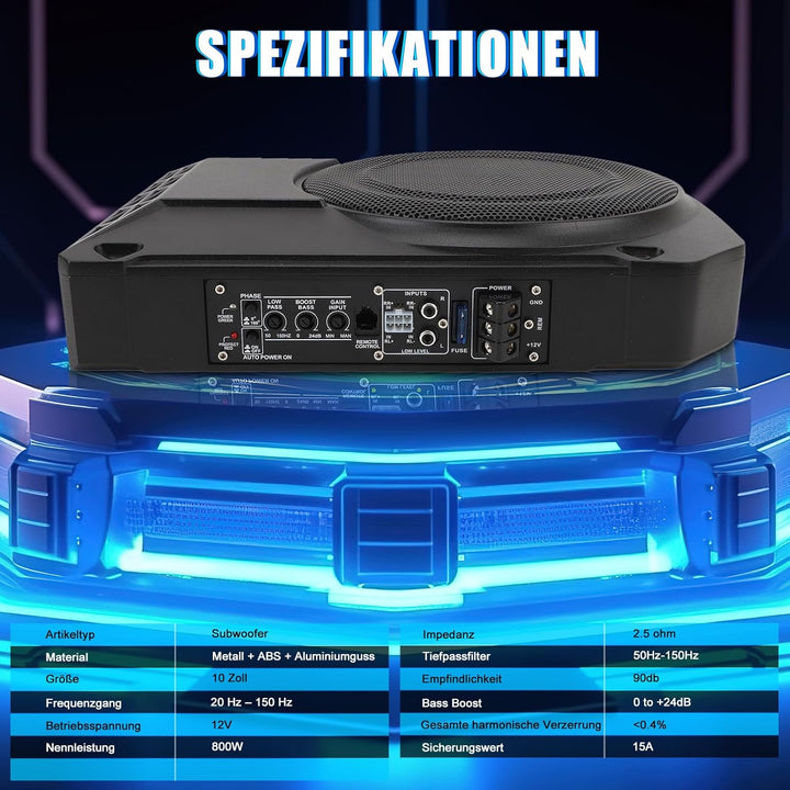 10 Zoll Aktiv Subwoofer, Ultra Dünn 800W 2.5 Ohm, Unter Sitz für Fahrzeug Sound-System, mit Controll